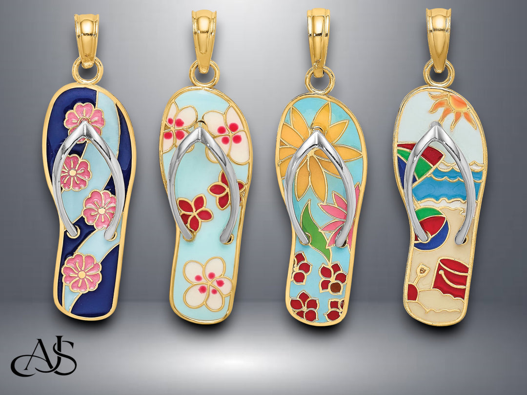 14K Yellow Gold and Rhodium Multi-Colored 3D Enamel On Flip-Flop Charm with Necklace Chain Options