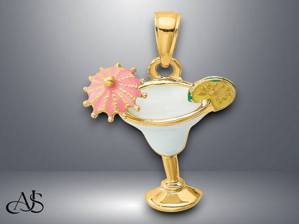 14K Yellow Gold Enameled Margarita Drink w/ Umbrella and Lime Charm with Necklace Chain Options