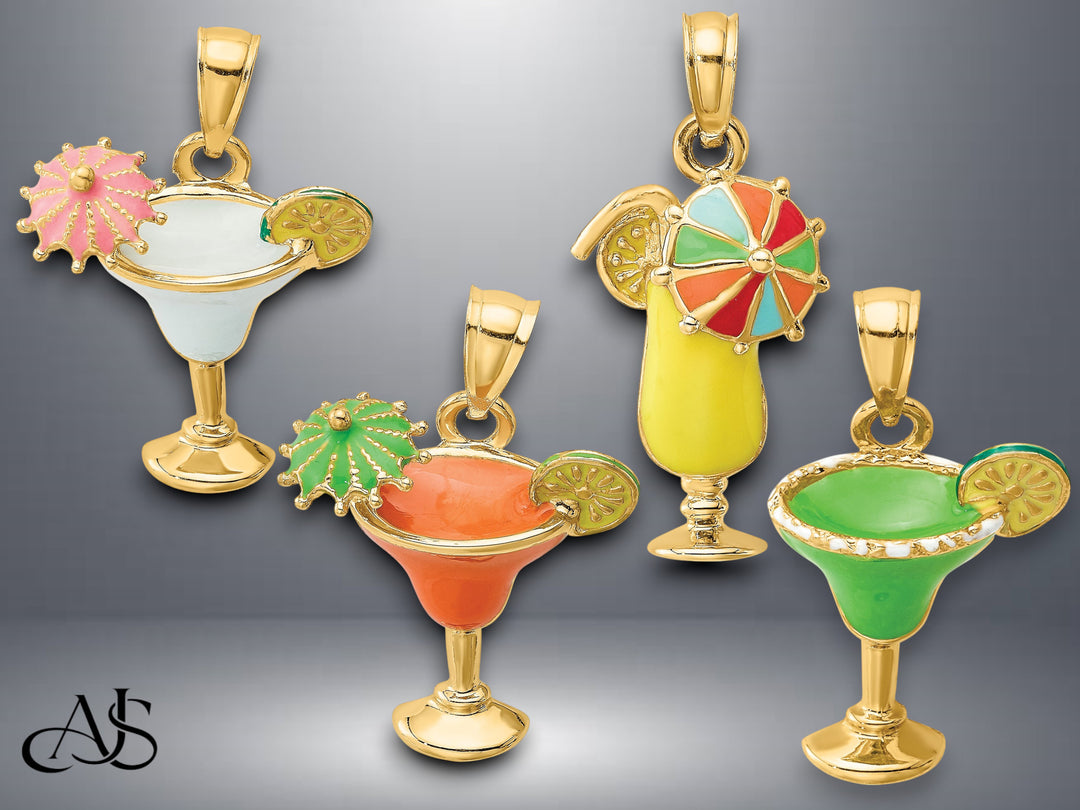 14K Yellow Gold Enameled Margarita Drink w/ Umbrella and Lime Charm with Necklace Chain Options