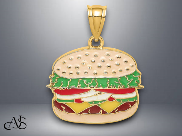 14K Yellow Gold w/Enamel Cheeseburger or French Fries Charm with Necklace Chain Options