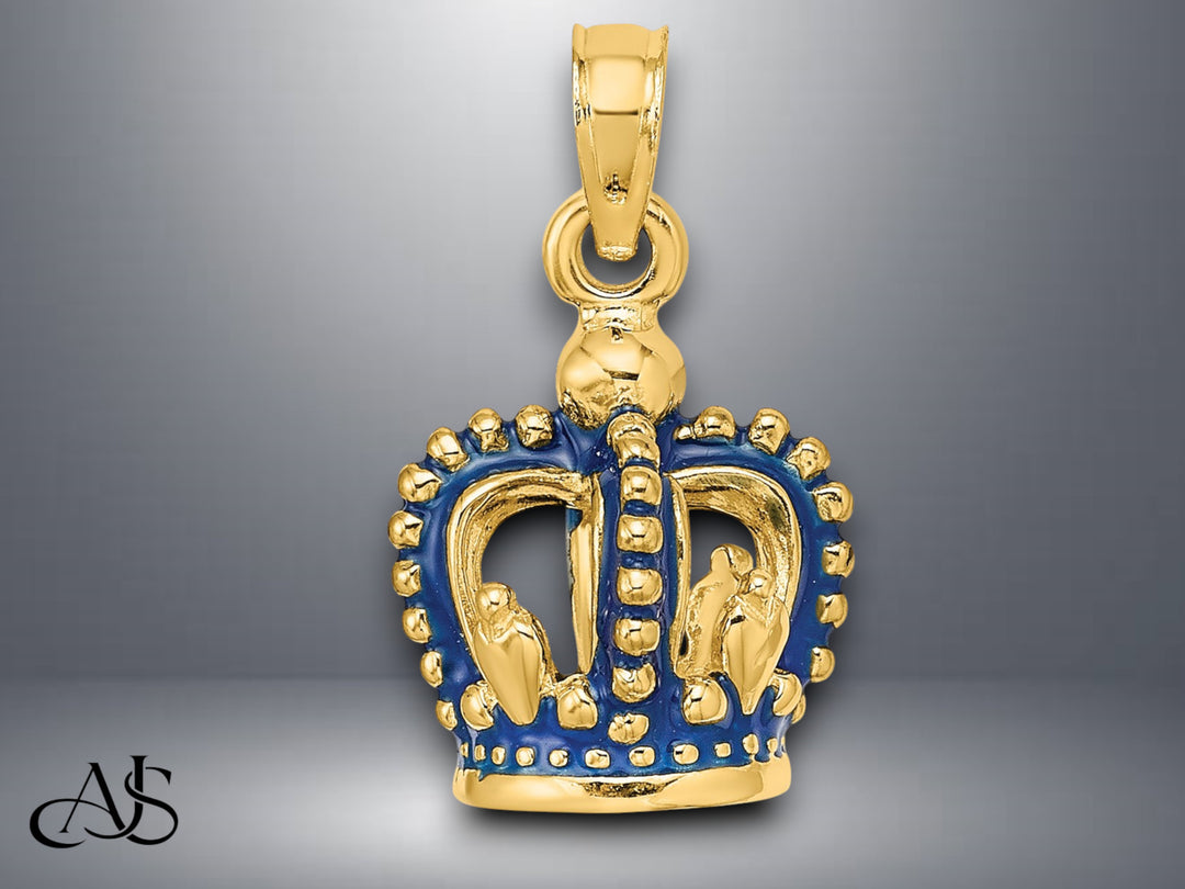 14K Yellow Gold 3-D Blue Enamel Crown Charm with Necklace Chain Options