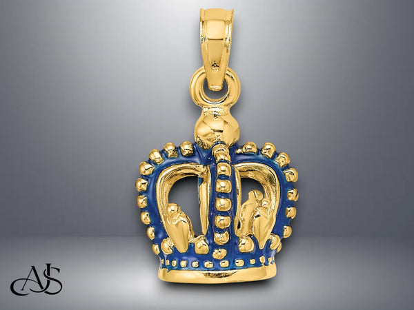 14K Yellow Gold 3-D Blue Enamel Crown Charm with Necklace Chain Options