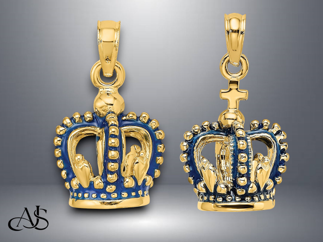 14K Yellow Gold 3-D Blue Enamel Crown Charm with Necklace Chain Options