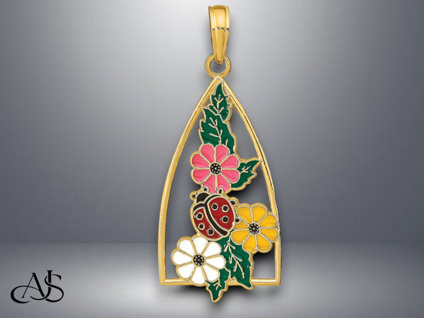 14K Yellow Gold Enameled Flowers Triangle Pendant with Necklace Chain Options