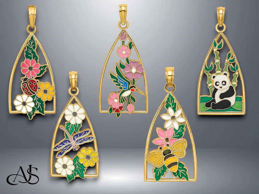 14K Yellow Gold Enameled Flowers Triangle Pendant with Necklace Chain Options