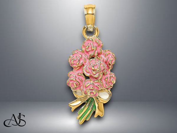 14K Yellow Gold Enameled Bouquet of Pink or Red Roses with Necklace Chain Options