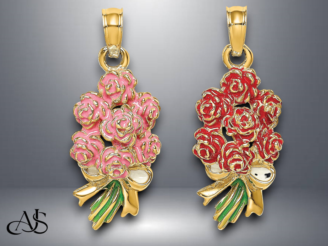 14K Yellow Gold Enameled Bouquet of Pink or Red Roses with Necklace Chain Options