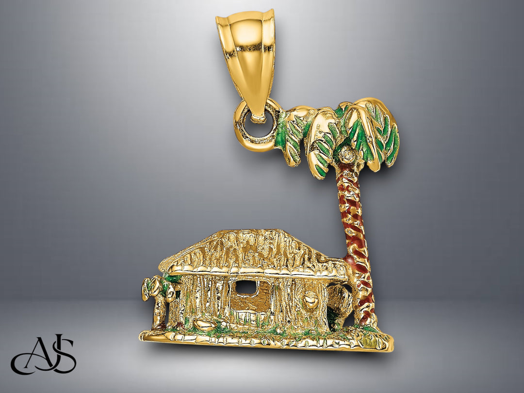 14K Yellow Gold 3-D W/Enamel Palm Tree and Hut Charm with Necklace Chain Options