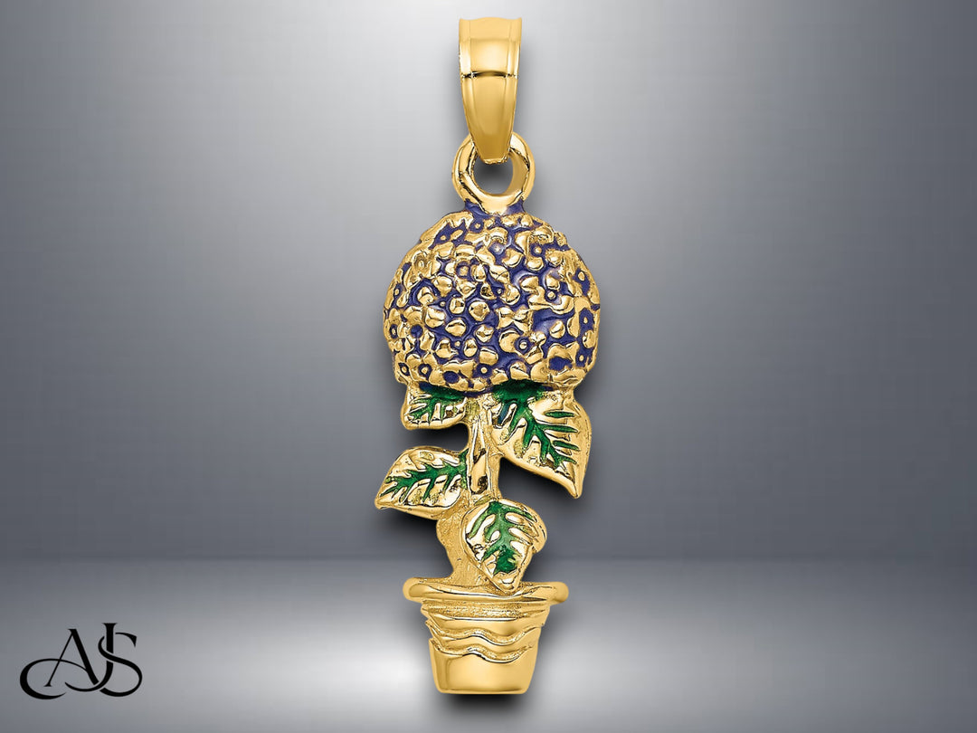 14K Yellow Gold 3-D Enameled Lavender Hydrangea Flowers In Pot Charm with Necklace Chain Options