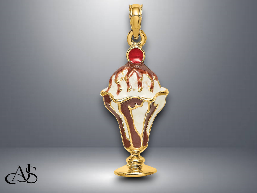 14K Yellow Gold Chocolate Ice Cream Sundae W/Cherry Top Charm with Necklace Chain Options