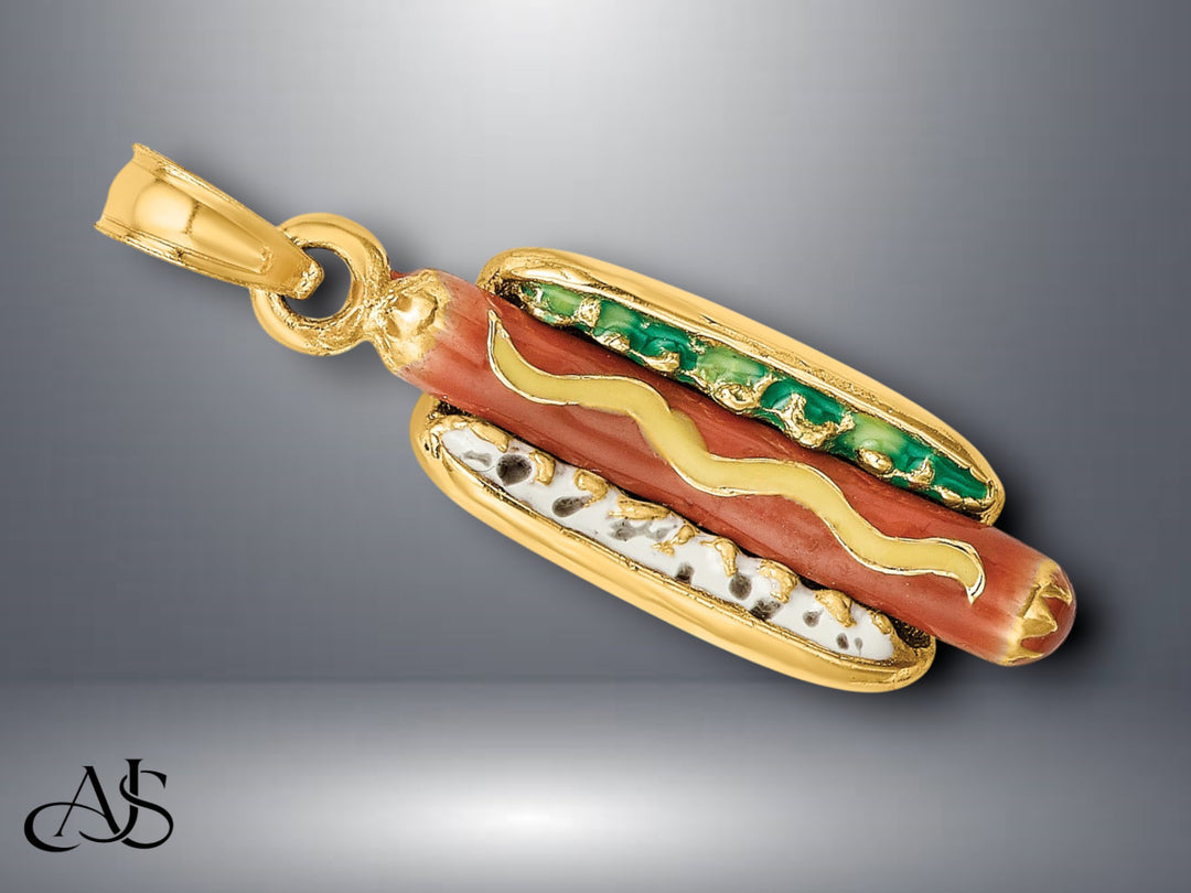 14K Yellow Gold 3-D Enamel Hot Dog w/ Bun Charm with Necklace Chain Options
