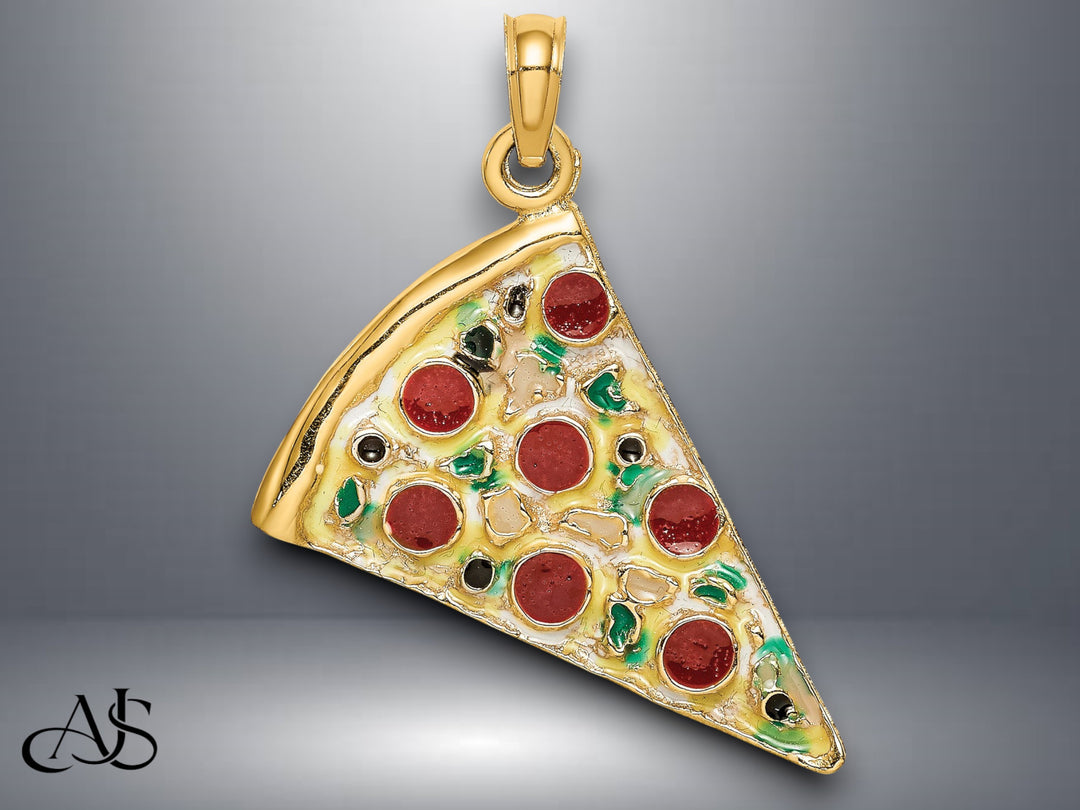 14K Yellow Gold w/Enamel Large Pepperoni Pizza Slice with Necklace Chain Options