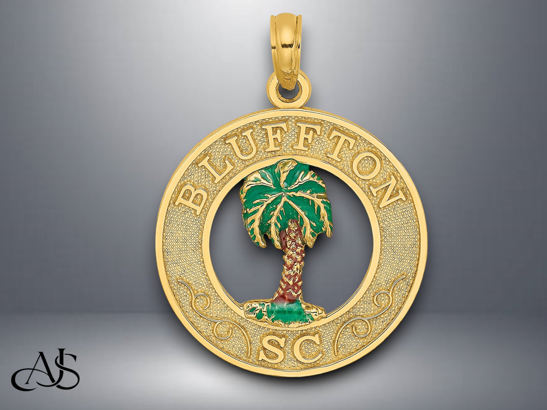14K Yellow Gold BLUFFTON SC Circle Enameled Palm Tree Charm with Necklace Chain Options