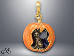 Load image into Gallery viewer, 14K Yellow Gold 3-D Enameled Pumpkin w/Black Cat and Moon Charm with Necklace Chain Options
