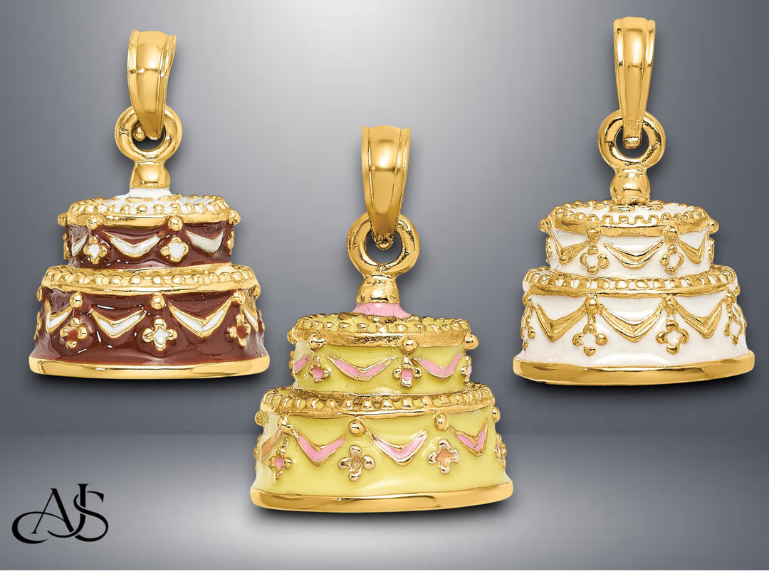 14K Yellow Gold 3-D Enameled Cake Charm with Necklace Chain Options
