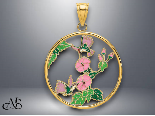 14K Yellow Gold Enamel In Circle Frame Charm with Necklace Chain Options