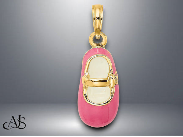 14K Yellow Gold 3-D w/ Pink or Yellow Enamel Baby Shoe Charm with Necklace Chain Options