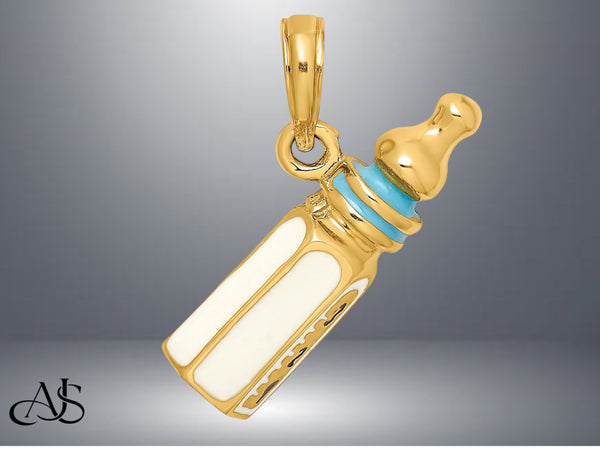 14K Yellow Gold 3-D w/ Enamel Baby Bottle Charm with Necklace Chain Options