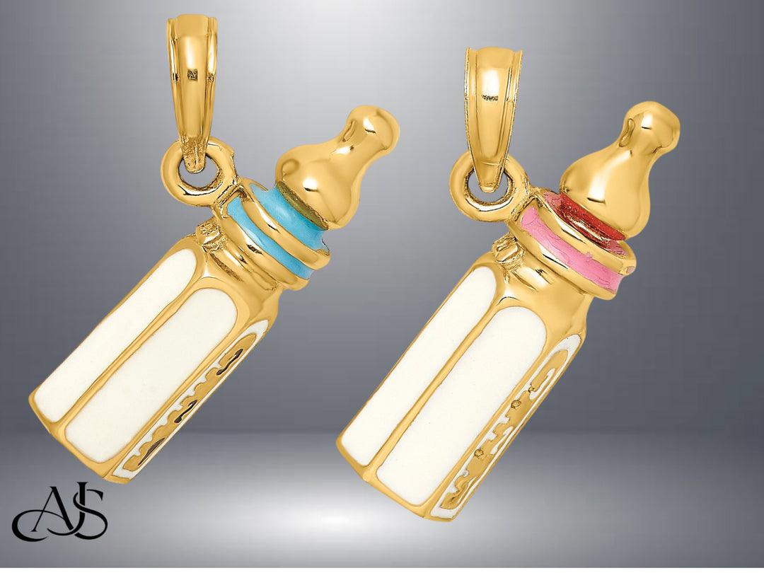 14K Yellow Gold 3-D w/ Enamel Baby Bottle Charm with Necklace Chain Options