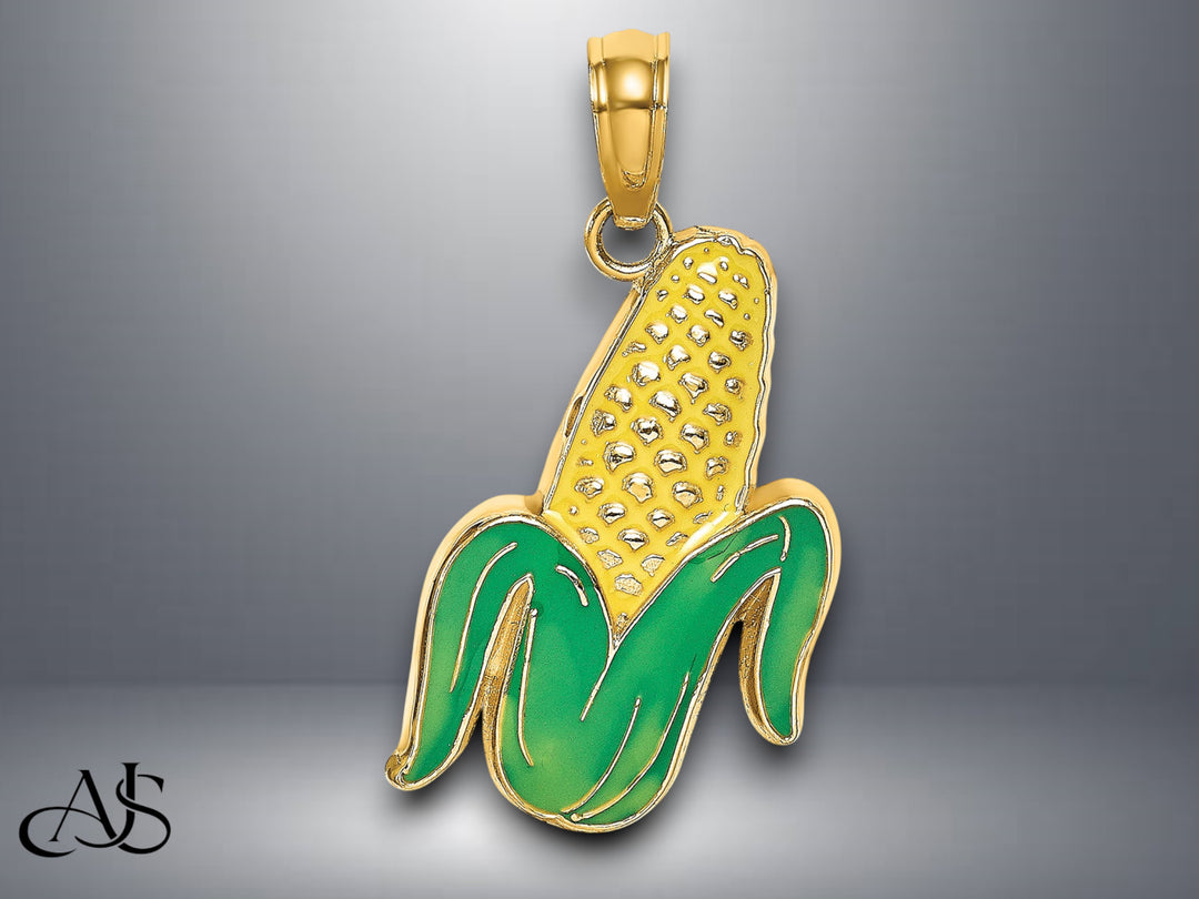 14K Yellow Gold w/ Enamel Corn with Peeled Husk Charm with Necklace Chain Options