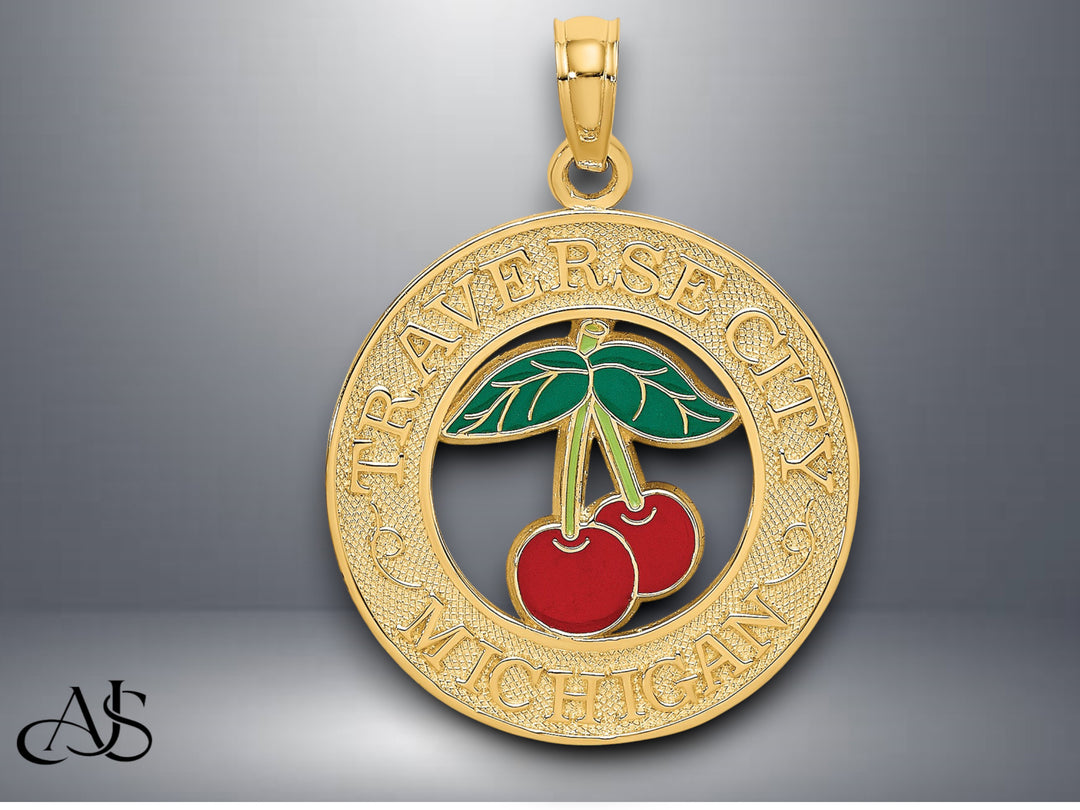 14K Yellow Gold TRAVERSE CITY MI Enamel Cherry Charm with Necklace Chain Options