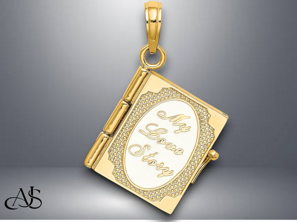 14K Yellow Gold Textured Enameled 3D Moveable MY LOVE STORY Book Pendant with Necklace Chain Options