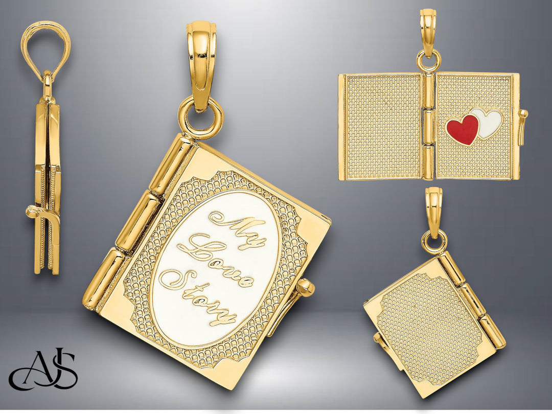 14K Yellow Gold Textured Enameled 3D Moveable MY LOVE STORY Book Pendant with Necklace Chain Options