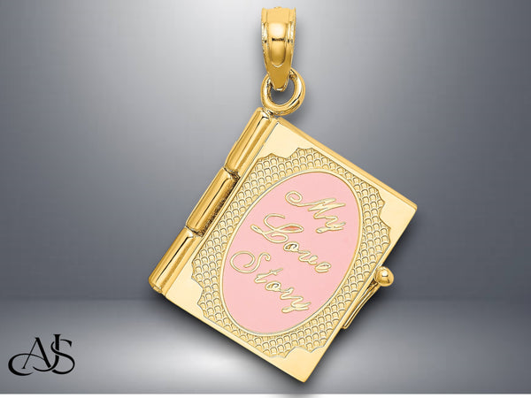 14K Yellow Gold Enameled 3D Moveable MY LOVE STORY Book Pendant with Necklace Chain Options