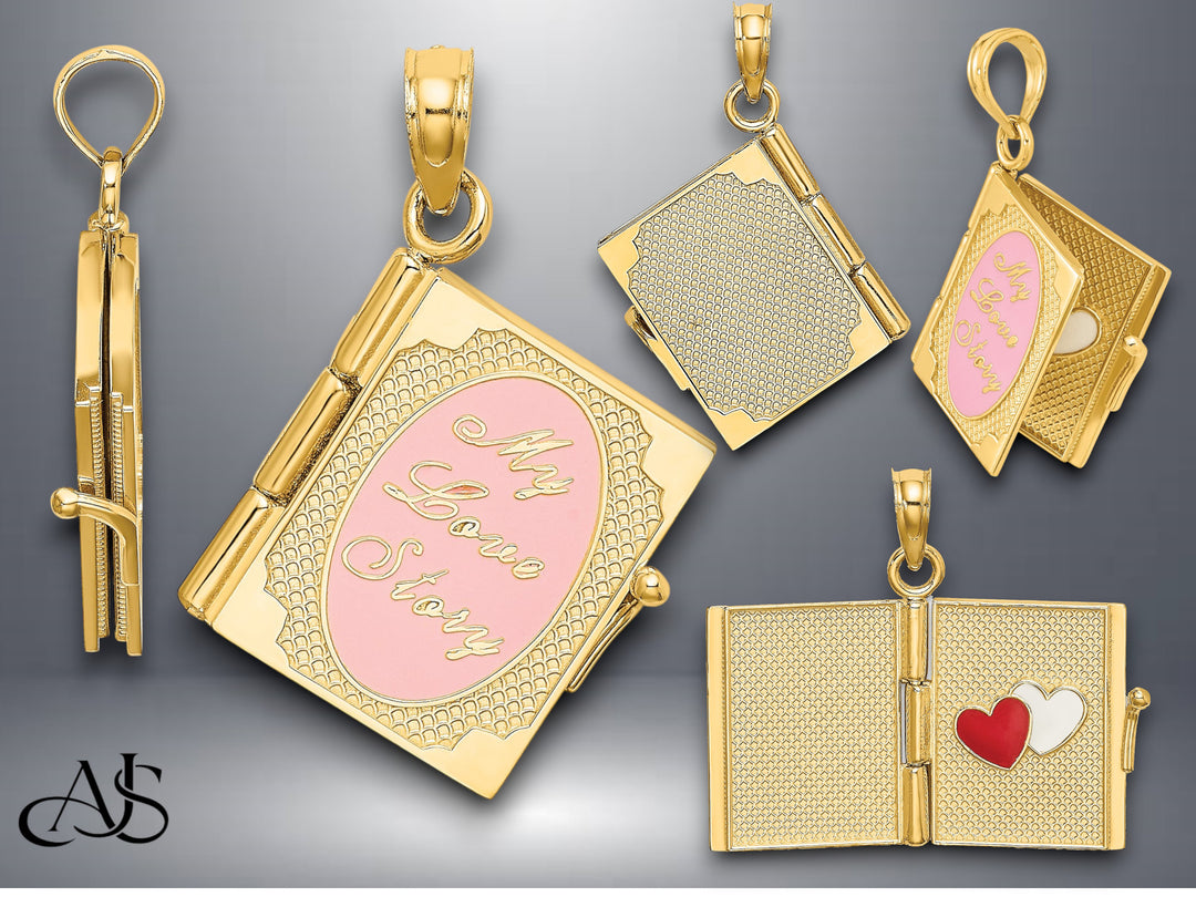 14K Yellow Gold Enameled 3D Moveable MY LOVE STORY Book Pendant with Necklace Chain Options