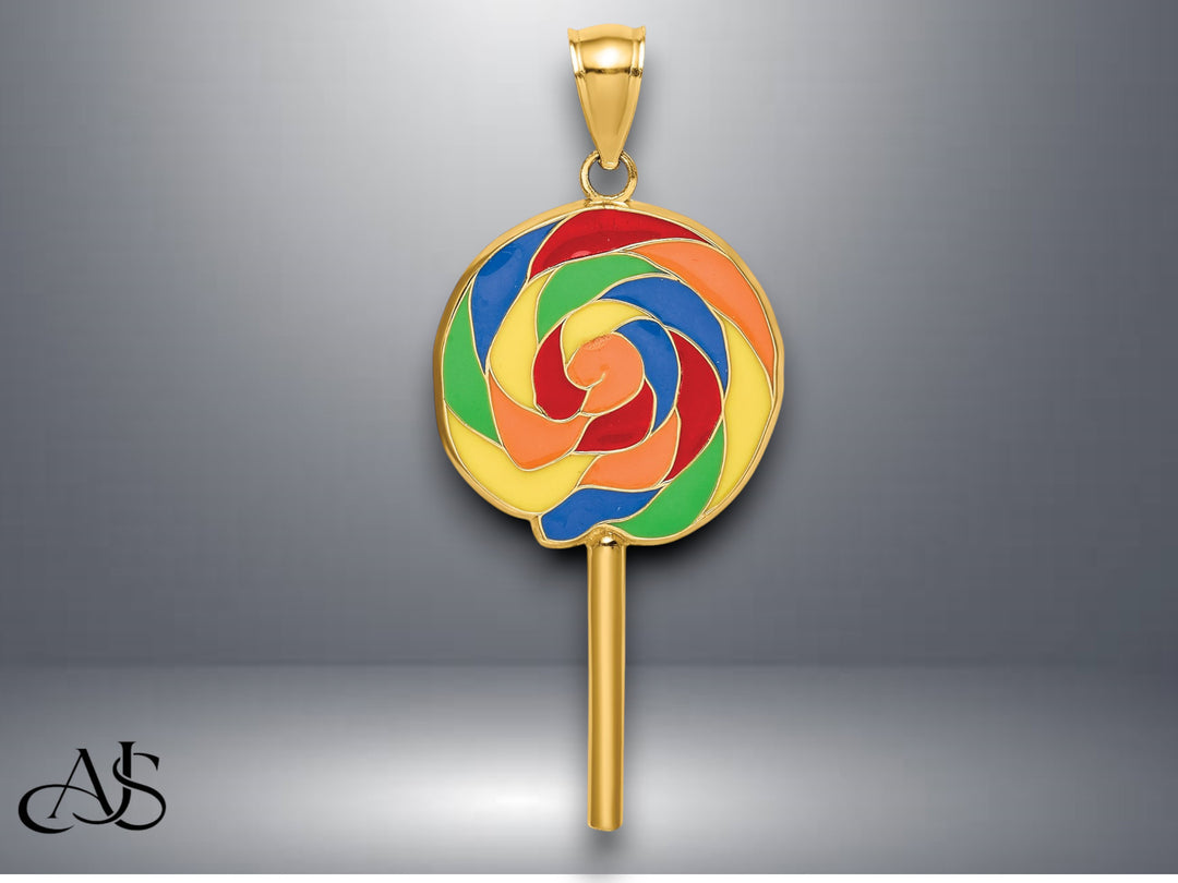 14K Yellow Gold w/Multi-Color Enamel 3-D Lollipop Charm with Necklace Chain Options
