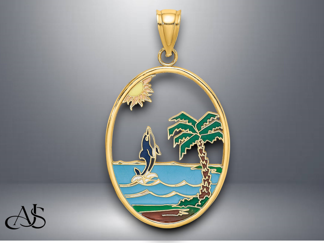 14K Yellow Gold Enamel Dolphin Jumping In Beach Scene Charm with Necklace Chain Options