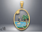 Load image into Gallery viewer, 14K Yellow Gold Enamel Dolphin Jumping In Beach Scene Charm with Necklace Chain Options
