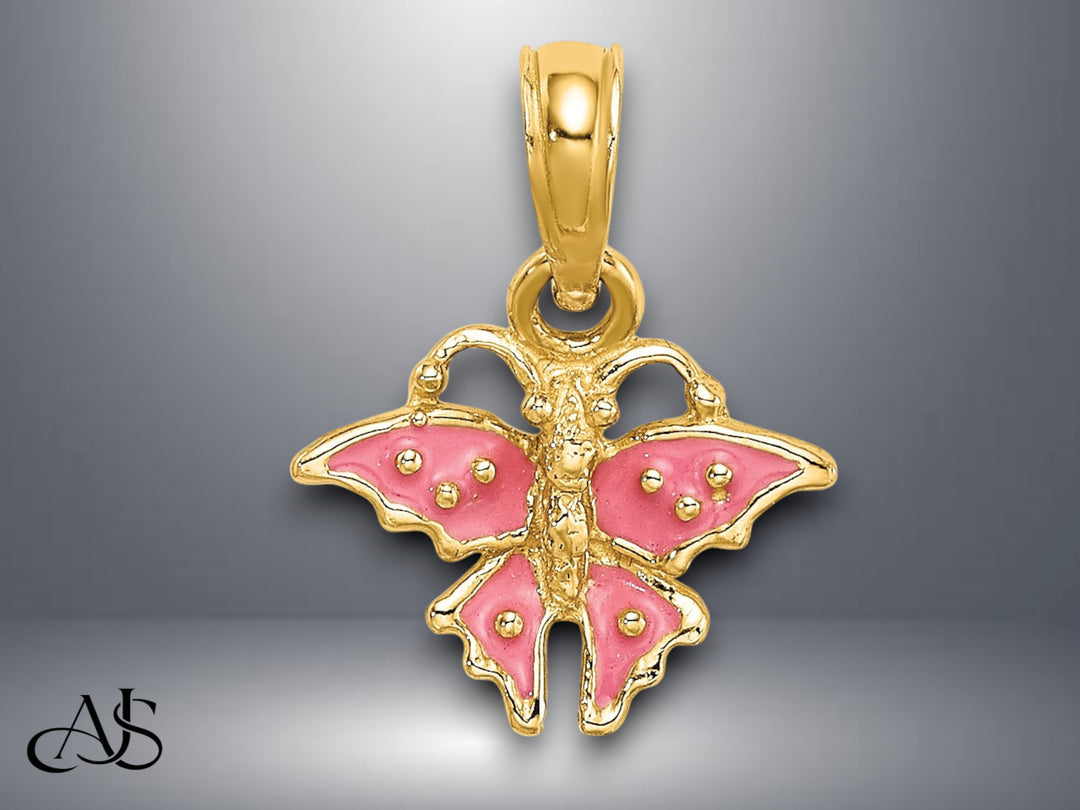 14K Yellow Gold Enamel Mini Pink Butterfly Charm with Necklace Chain Options