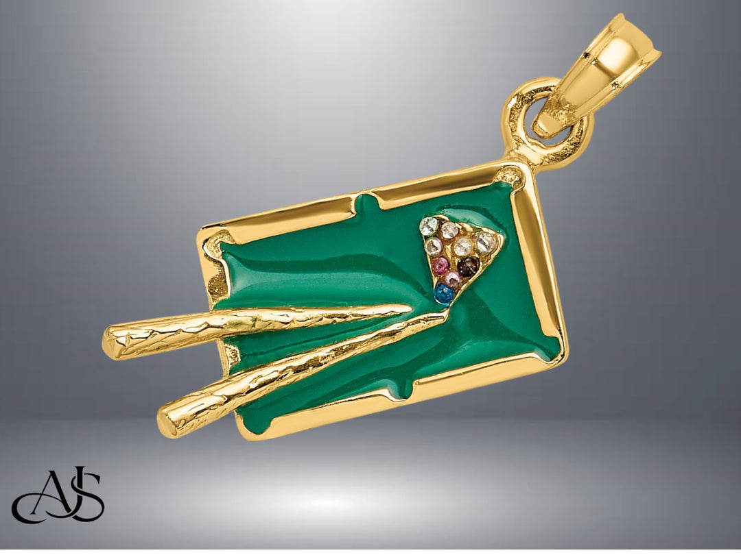 14K Yellow Gold W/ Green Enamel 3-D Pool Table Charm with Necklace Chain Options