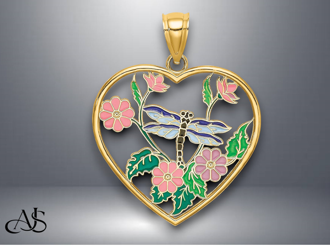 14K Yellow Gold Enamel Dragonfly and Flower in Heart Charm with Necklace Chain Options