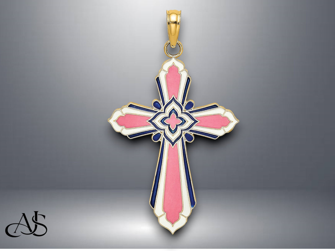 14K Yellow Gold 3-D W/ Pink and White Enamel Cross Charm with Necklace Chain Options