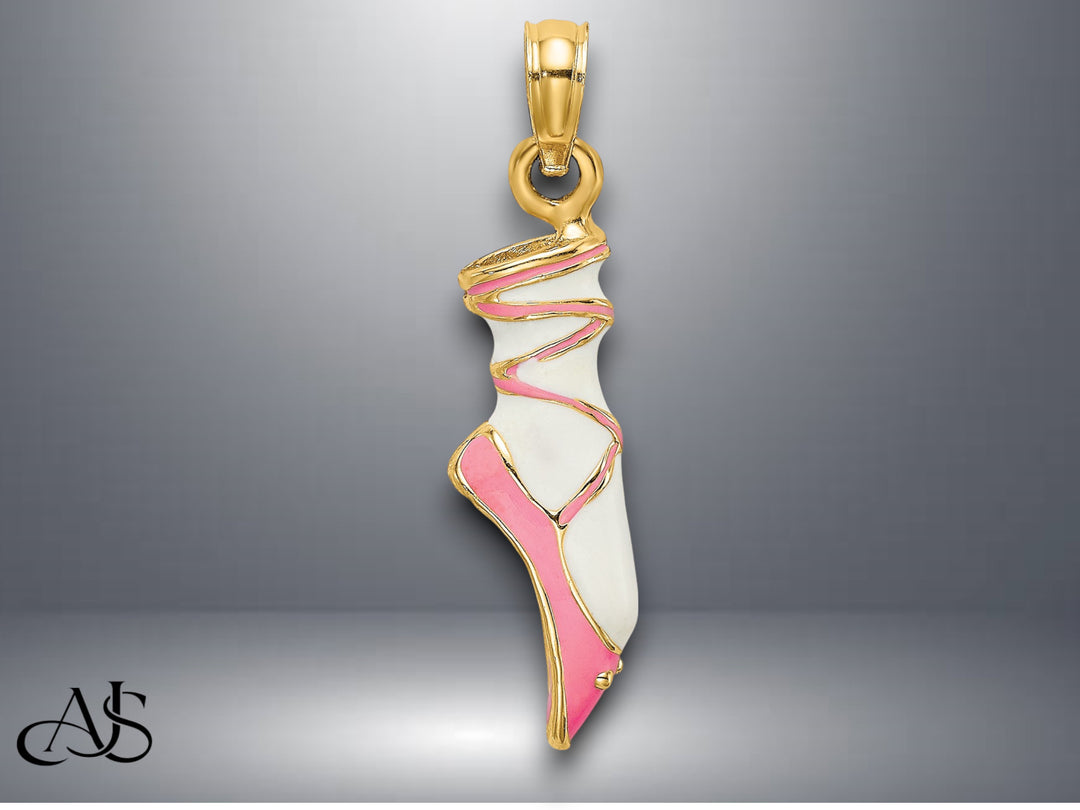 14K Yellow Gold 3-D Enamel Ballet Shoe Charm with Necklace Chain Options