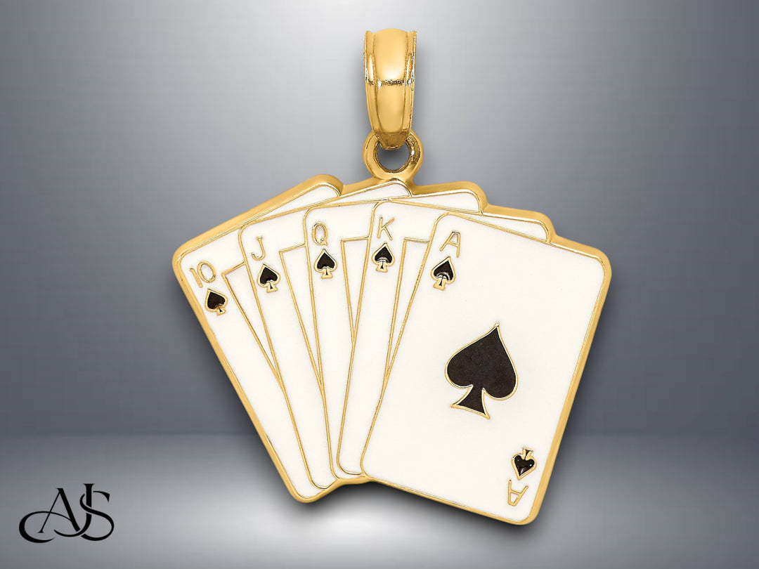 14K Yellow Gold Enamel Playing Cards Royal Flush Charm with Necklace Chain Options