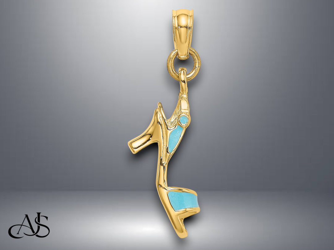 14K Yellow Gold 3-D Aqua or Pink Enamel Open Toe High Heel Charm with Necklace Chain Options