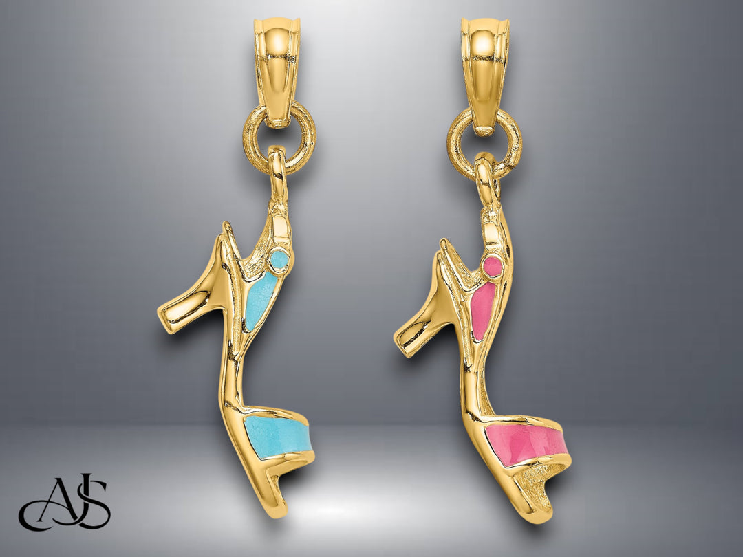 14K Yellow Gold 3-D Aqua or Pink Enamel Open Toe High Heel Charm with Necklace Chain Options
