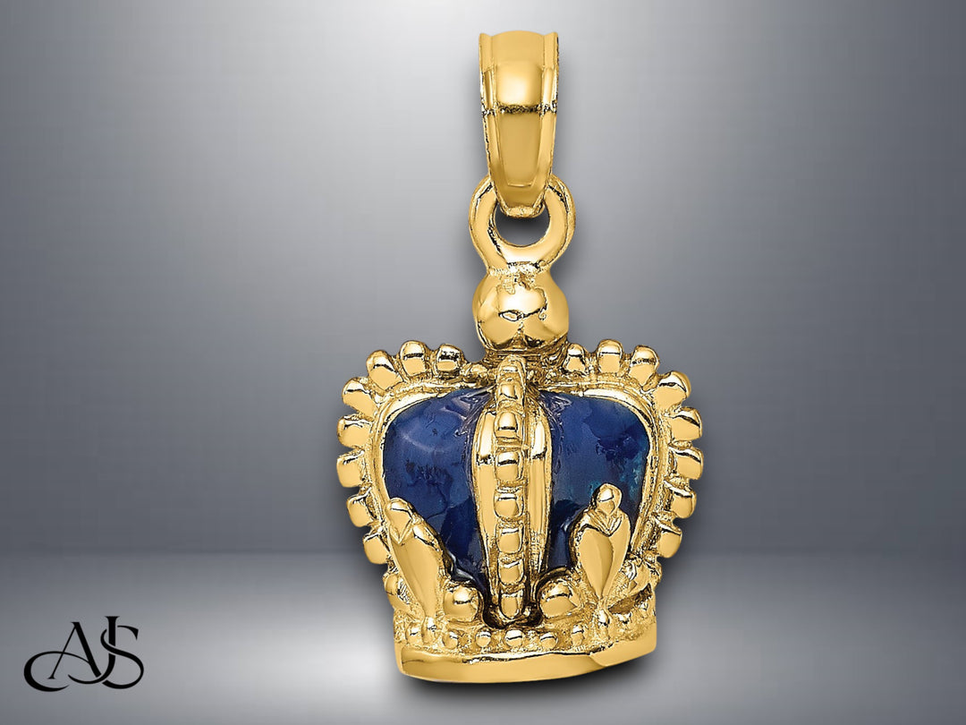 14K Yellow Gold 3-D with Blue or Red Enamel Inside Crown Charm with Necklace Chain Options