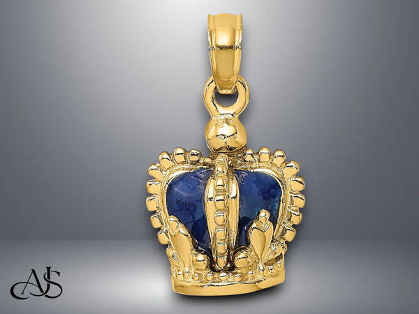 14K Yellow Gold 3-D with Blue or Red Enamel Inside Crown Charm with Necklace Chain Options