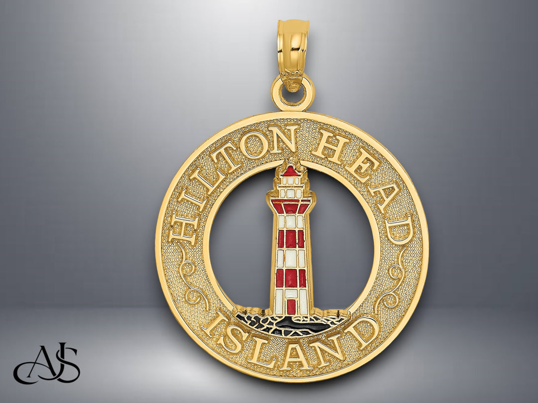 14K Yellow Gold HILTON HEAD Enamel Lighthouse Circle Charm with Necklace Chain Options