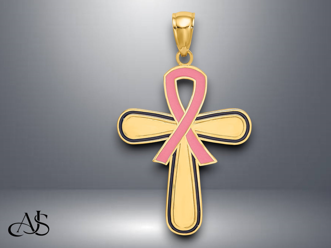 14K Yellow Gold Enamel Pink Ribbon Breast Cancer Cross Charm with Necklace Chain Options