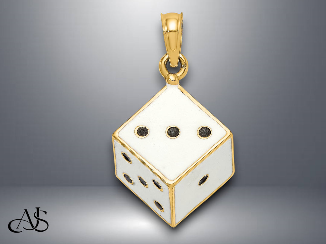 14K Yellow Gold 3-D Enamel Dice Charm with Necklace Chain Options