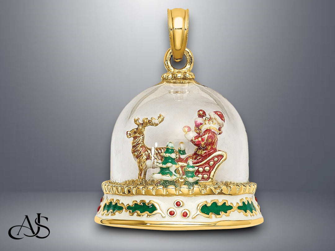 14K Yellow Gold 3-D Enameled Christmas Snow Globe Charm with Necklace Chain Options