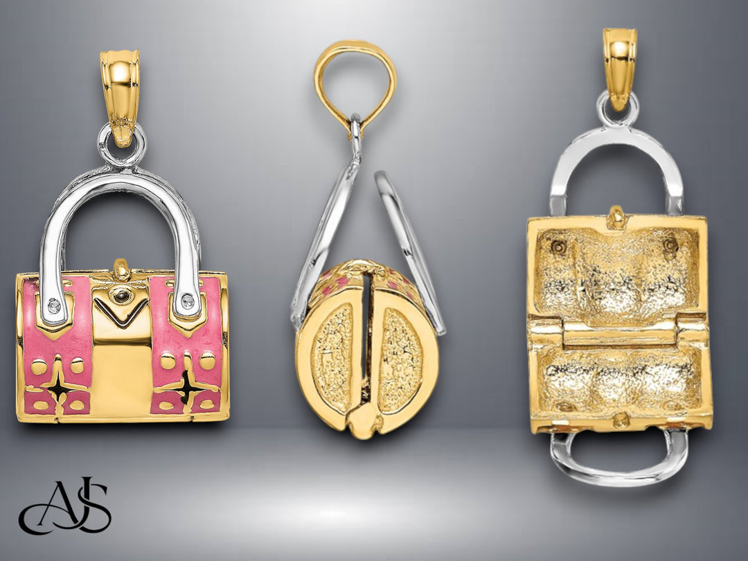 14K Yellow Gold Enamel & Rhodium 3-D Pink Enameled Handbag Opens Charm with Necklace Chain Options