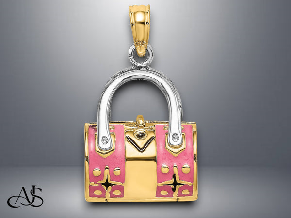 14K Yellow Gold Enamel & Rhodium 3-D Pink Enameled Handbag Opens Charm with Necklace Chain Options