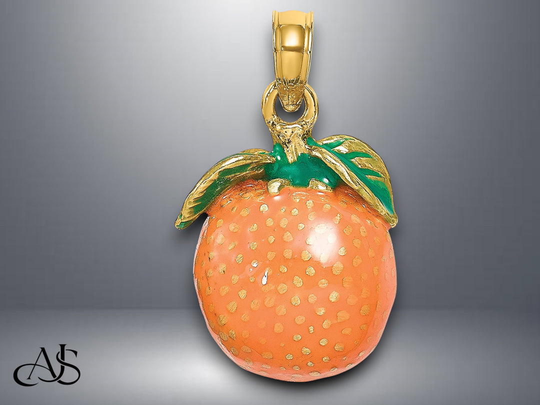 14K Yellow Gold Enamel 3-D Orange With Stem and Leaf Charm with Necklace Chain Options