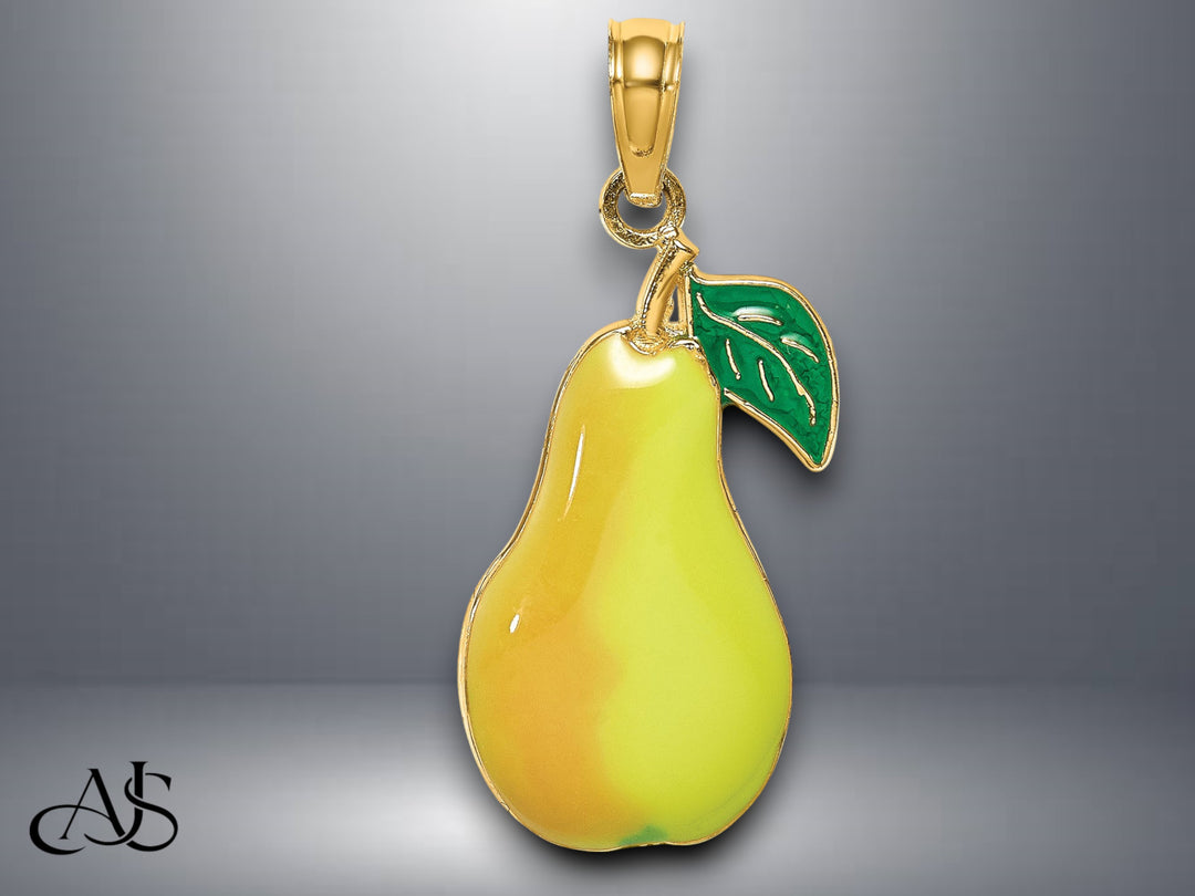 14K Yellow Gold Enamel Pear With Stem and Leaf Charm with Necklace Chain Options